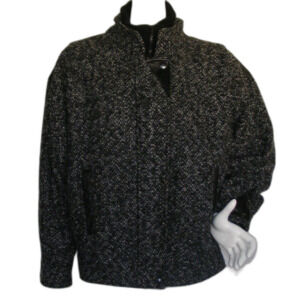 NEW YORK GIRL Coat, L, Tweed/Leather, Black/Gray, Zipper, Knit Collar, Pockets